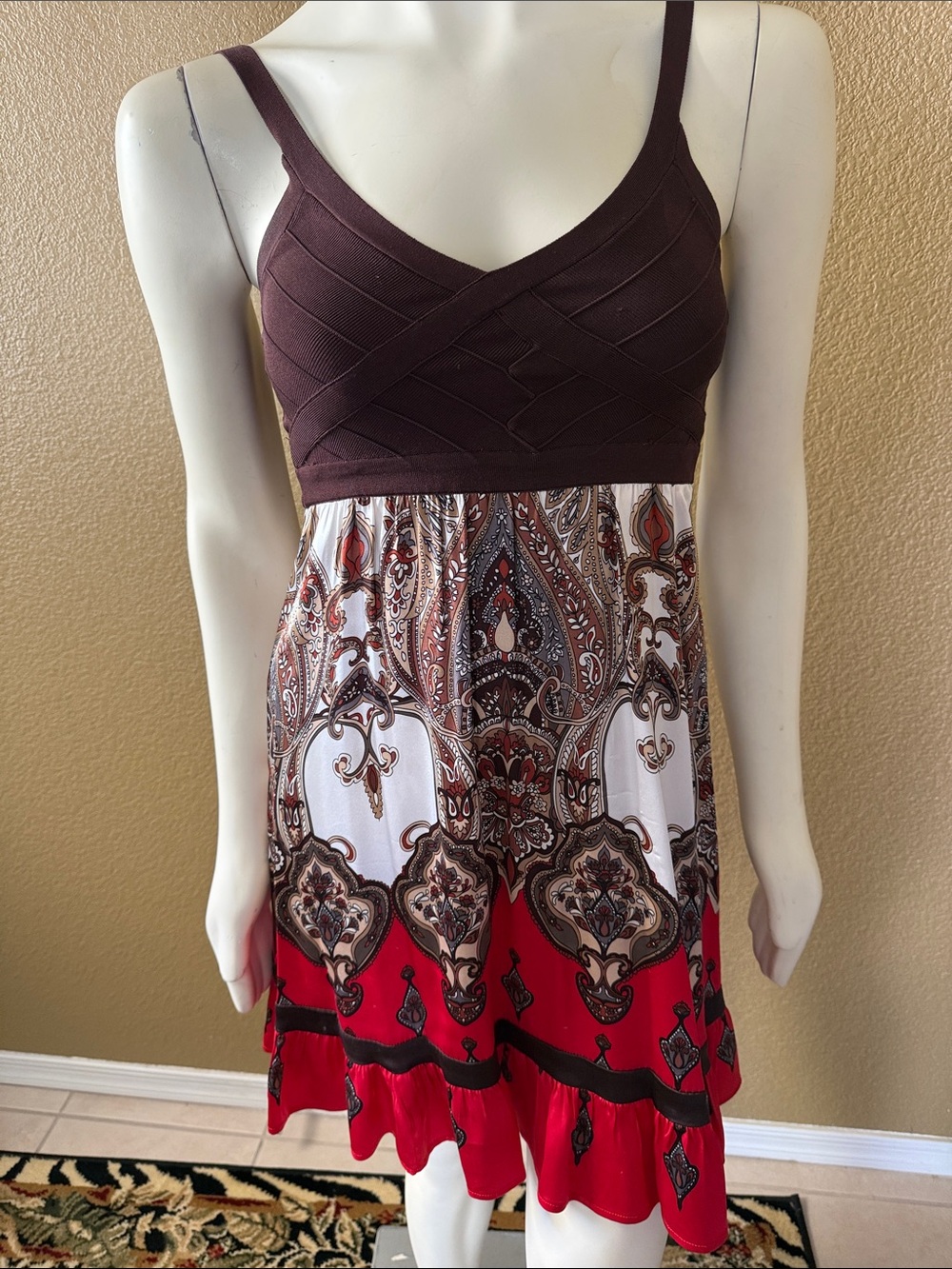Y2K Vintage bebe Brown Bodice Red & Cream Paisley Mini Dress